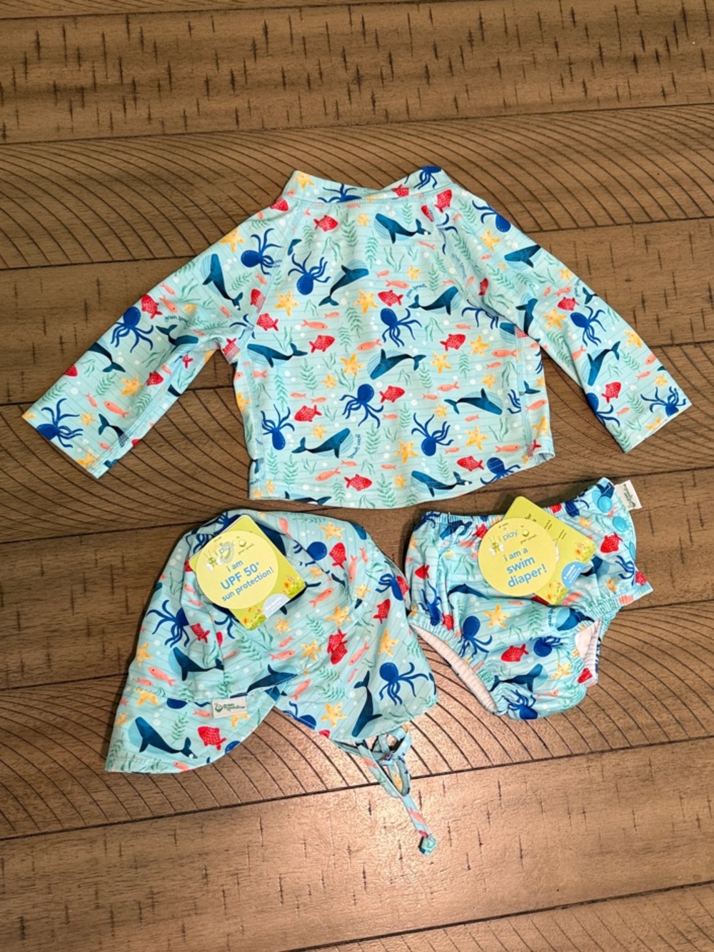 Kids' Light Aqua Ocean Print Rashguard Set with Sun Hat and Swim Diaper